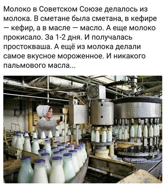 Молоко в Советском Союзе делалось из молока В сметане была сметана в кефире кефир а в масле масло А еще молоко прокисало За 1 2 дня И получалась простокваша А ещё из молока делали самое вкусное мороженное И никакого пальмового масла