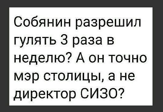 Собянин разрешил гулять 3 раза в неделю А он точно мэр столицы а не директор СИЗО