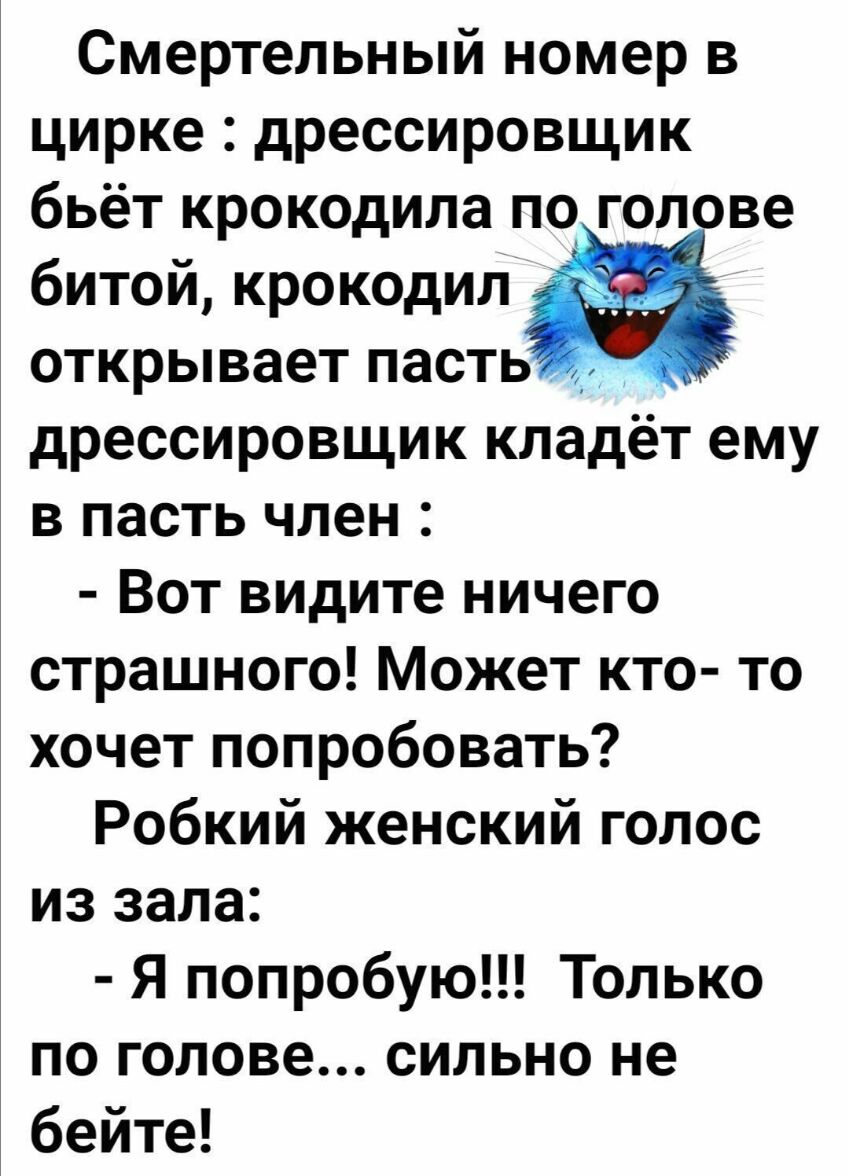 Смертельный номер в цирке дрессировщик бьёт крокодила по голове битой крокодил открывает пасть дрессировщик кладёт ему в пасть член Вот видите ничего страшного Может кто то хочет попробовать Робкий женский голос из зала Я попробую Только по голове сильно не бейте