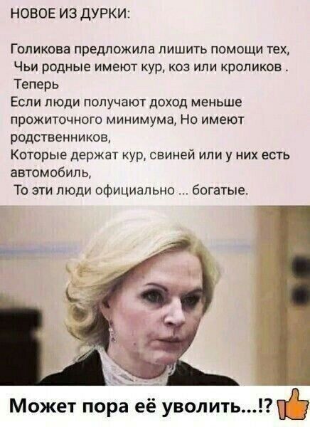 НОВОЕ ИЗ ДУРКИ ГОПИКОЕЭ предложила ПИШИТЬ ПОМОЩИ ТЕХ Чьи родные имеют кур коз или кроликов Теперь Если люди получают доход меньше ПРОЖИТОЧНОГО МИНИМУМЭ НО ИМЕЮТ родственников Которые держат кур свиней или у них есть автомобиль То эти люди официально богатые Может пора её уволить