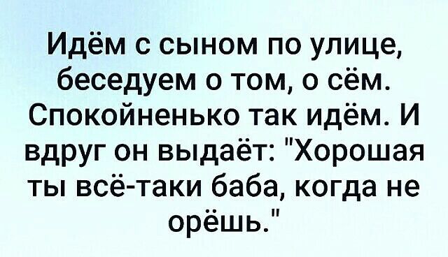 Идём с сыном по улице беседуем о том о сём Спокойненько так идём И вдруг он выдаёт Хорошая ты всё таки баба когда не орёшь