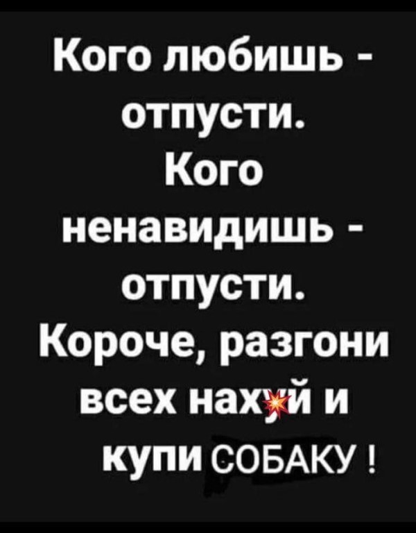 Кого любишь отпусти Кого ненавидишь отпусти Короче разгони всех нахуй и купи СОБАКУ