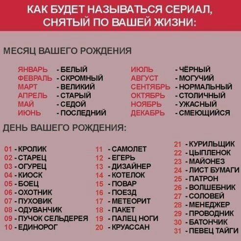 КАК БУДЕТ НАЗЫВАТЬСЯ СЕРИАЛ СНЯТЫЙ ПО ВАШЕЙ ЖИЗНИ МЕСЯЦ ВАШЕГО РОЖДЕНИЯ янвдгь еепый июль ФЕВРАЛЬ сюомныи Август мдм великий СЕНТЯБРЬ АПРЕЛЬ СТАРЫЙ октяерь МАЙ седои ноиерь июнь _поспеднии ПЕКАБРЬ дЕНЬ ВАШЕГО РОЖДЕНИЯ 11 къопик Амопет оъстАРец 12 чегерь аз огурец диздйнер амкисск м котепок месяц 15 ПОВАР ов охотник 15 _поезд 07 линии 17 метеорит пз ОДУВАНЧИК чз ПАКЕТ оэ пучаксепьдерея 19 ПАЛЕЦ ног