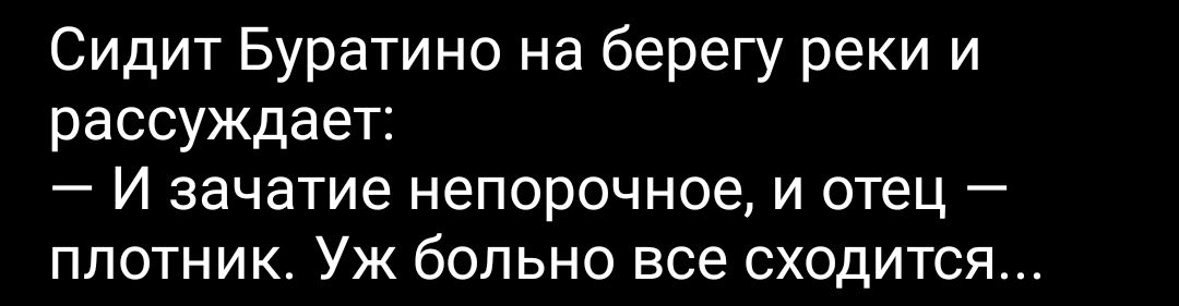 Сидит Буратино на берегу реки и рассуждает И зачатие непорочное и отец плотник Уж больно все сходится