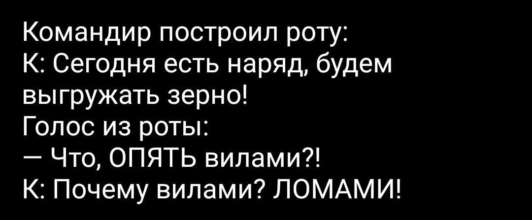 Командир построил роту К Сегодня есть наряд будем выгружать зерно Голос из роты Что ОПЯТЬ вилами К Почему вилами ЛОМАМИ