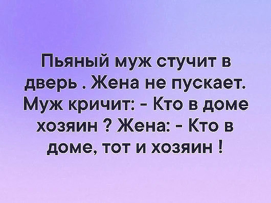 Пьяный муж стучит в дверь Жена не пускает Муж кричит Кто в доме хозяин Жена Кто в доме тот и хозяин