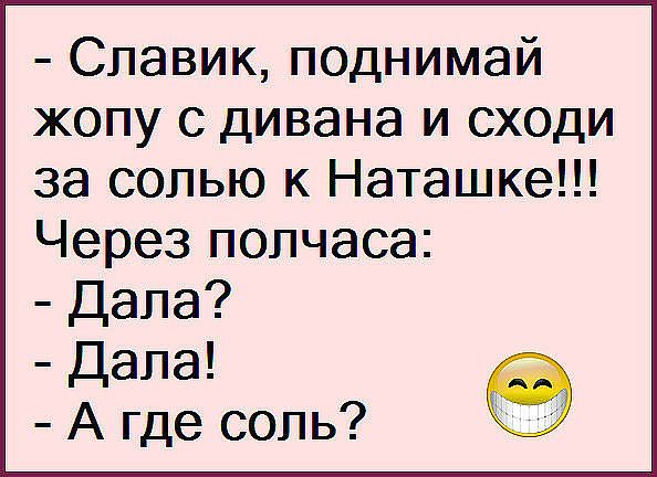 Славик поднимай жопу с дивана и сходи за солью к Наташке Через полчаса Дала Дала А где соль