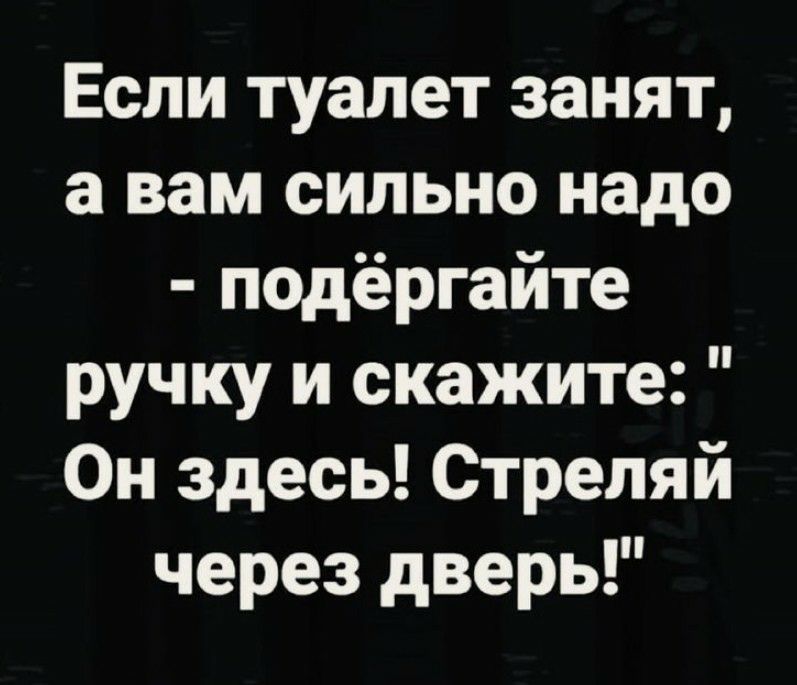 Если туалет занят а вам сильно надо подёргайте ручку и скажите Он здесь Стреляй через дверь