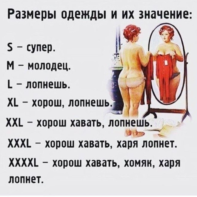 Размеры одежды и их значение 5 супер 9 М молодец Т лопнешь Х хорош лопнешь ХХ хорош хавать лопнешь со ХХХЪ хорош хавать харя лопнет ХХХХЪ хорош хавать хомяк харя ЛОПНЕТ