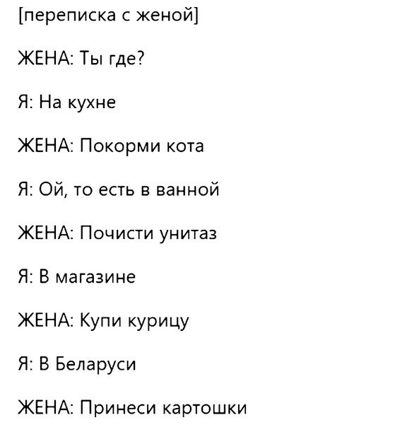 переписка с женой ЖЕНА Ты где Я На кухне ЖЕНА Покорми кота Я Ой то есть в ванной ЖЕНА Почисти унитаз Я В магазине ЖЕНА Купи курицу Я В Беларуси ЖЕНА Принеси картошки