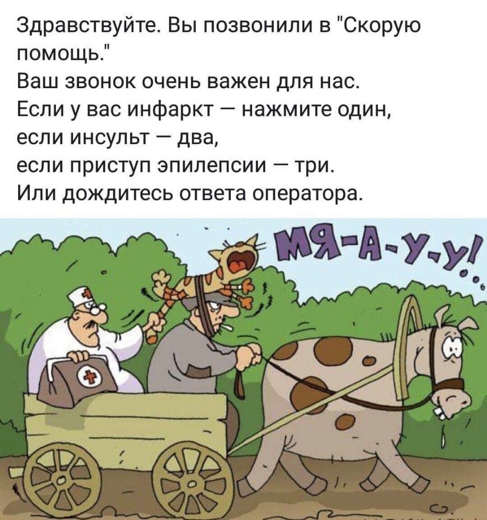 Здравствуйте Вы позвонили в Скорую помощь Ваш звонок очень важен для нас Если у вас инфаркт нажмите один если инсульт два если приступ эпилепсии три Или дождитесь ответа оператора