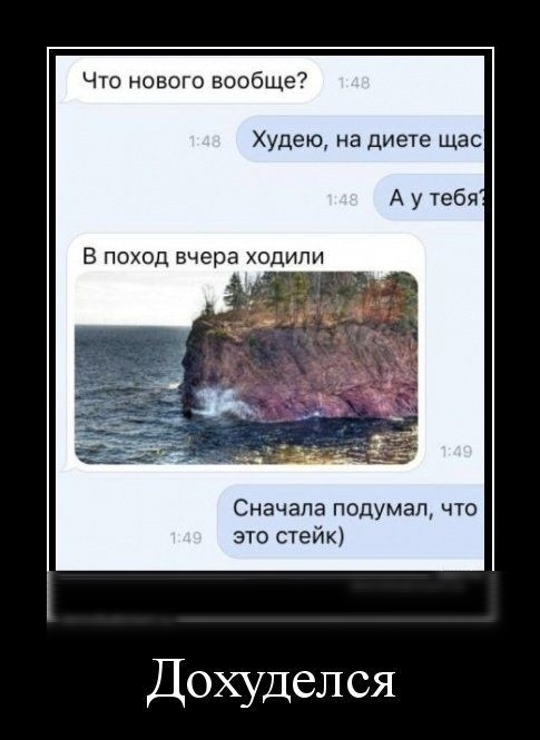 Что нового вообще Худею на диете щас А у тебя В поход вчера ходили Сначала подумал что это стейк Дохуделся