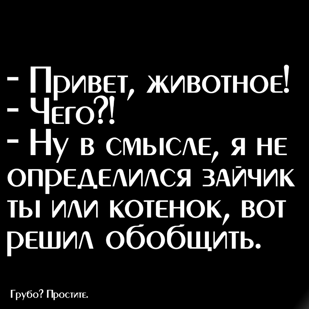 Привет животное Чего Ну в СМЫСАЕ я не опредехмАся ЗАЙЧИК ты ИАИ котенок вот решит обобщить Грубо Прос ггггг