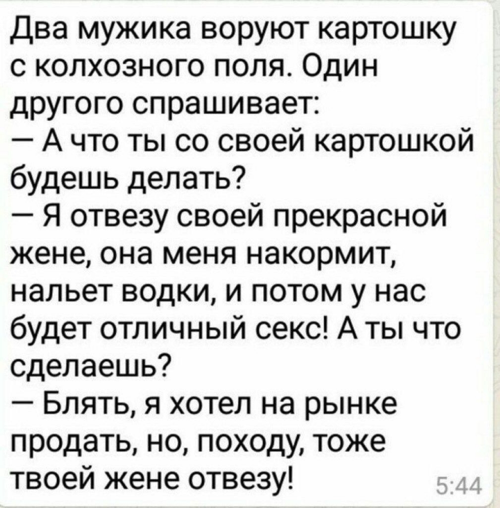 Два мужика воруют картошку с колхозного поля Один другого спрашивает А что  ты со своей картошкой будешь делать Я отвезу своей прекрасной жене она меня  накормит нальет водки и потом у нас