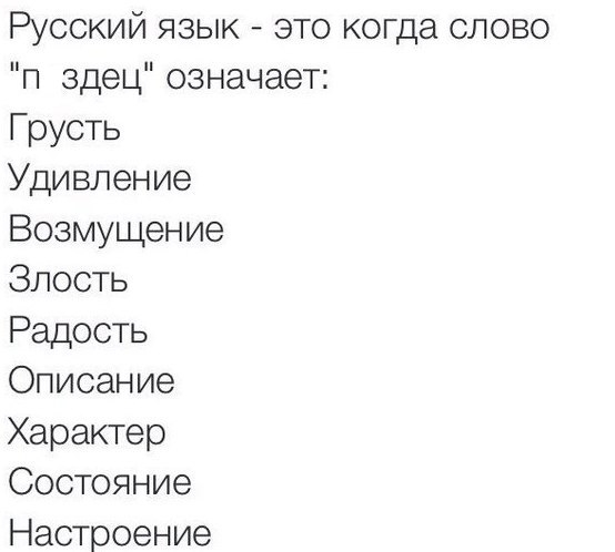 Русский язык это когда слово п здец означает Грусть Удивление Возмущение Злость Радость Описание Характер Состояние Настроение