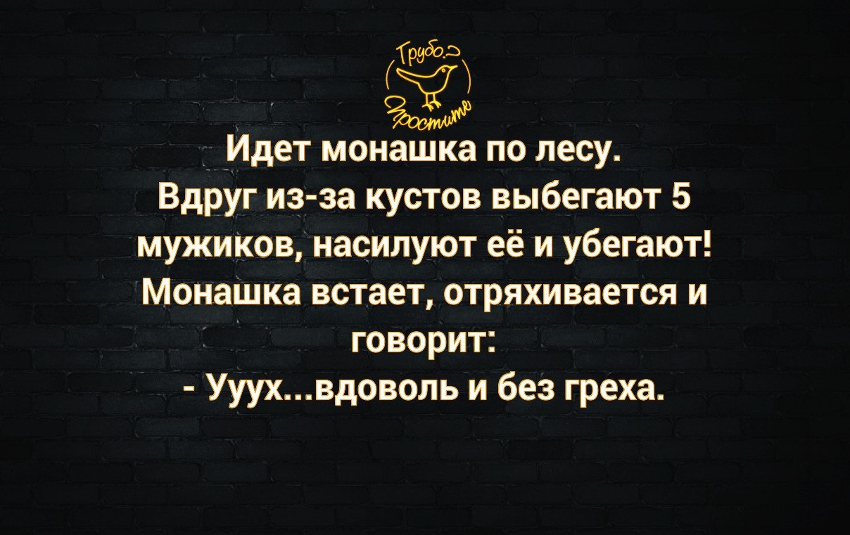 5133 _Идет монашка по лесу Вдруг из за кустов выбегают 5 мужиков насилуют её и убегают МонаШка встает отряхивается и говорит Ууухвдоволь и без греха