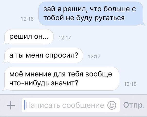 зай я решил что больше с тобой не буду ругаться решил ОН 3 Ты меня спросил моё мнение для тебя вообще что нибудь значит