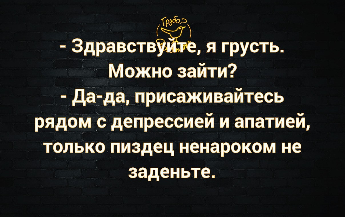 5133 Здравств ягрусть Можно зайти де да присаживайтесь рядом с депрессией и апатией только пиздец ненароком не заденьте