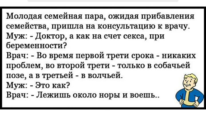 Молодая семейная пара ожидая прибавления семейства пришла на консультацию к врачу Муж Доктор как на счет секса при беременности Врач Во время первой трети срока никаких проблем во второй трети только в собачьей позе а в третьей в волчьей Муж Это как Врач Лежишь около норы и воешь