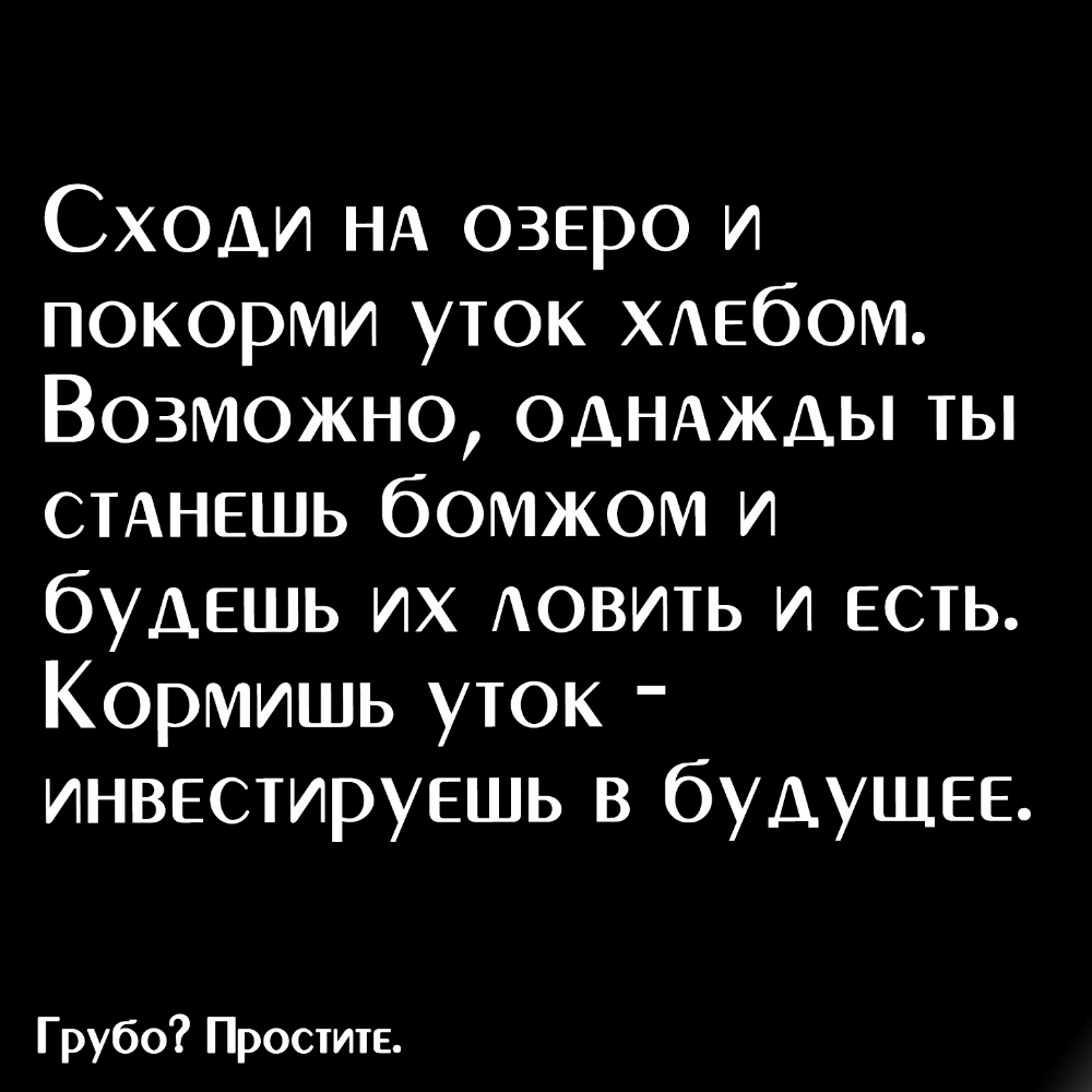 Сходи НА озеро и покорми уток ХАЕбОМ Возможно ОДНАЖДЫ ты СТАНЕШЬ бомжом и будешь их АОВИТЬ и есть Кормишь уток инвестируешь в будущее Грубо Простите