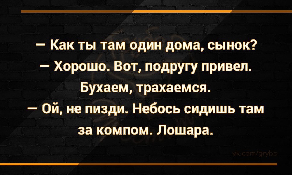 Как ты там один дома сынок Хорошо Вот подругу привел Бухаем трахаемся Ой не пизди Небось сидишь там за компом Лошара