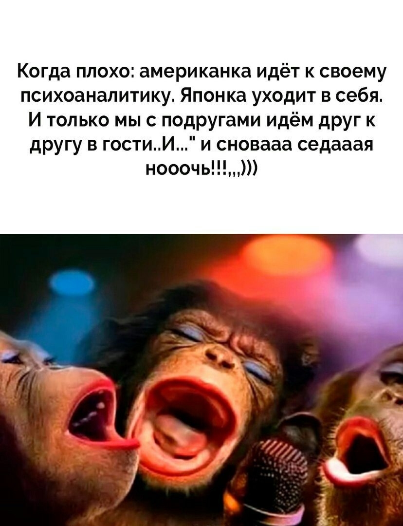 Когда плохо американка идёт к своему психоаналитику Японка уходит в себя И только мыс подругами идём друг к другу в гостиИ и сновааа седааая нооочь