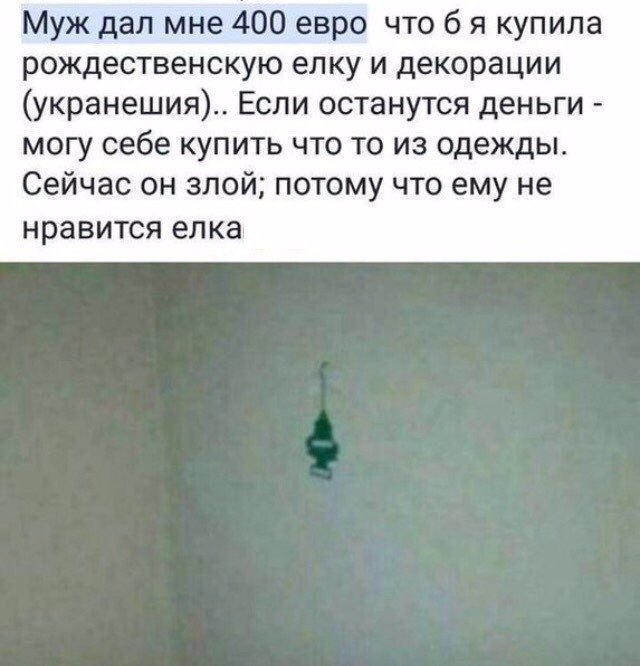 Муж дал мне 400 евро что б я купила рождественскую елку и декорации укранешия Если останутся деньги могу себе купить что то из одежды Сейчас он злой потому что ему не нравится елка