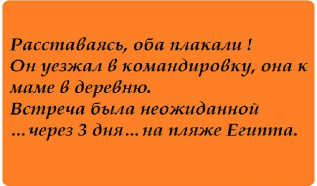 Расстаёаясъ оба плакали Он уезжал В командировку она к маме В дередню Встреча были неожиданной через 3 дня на пляже Египта