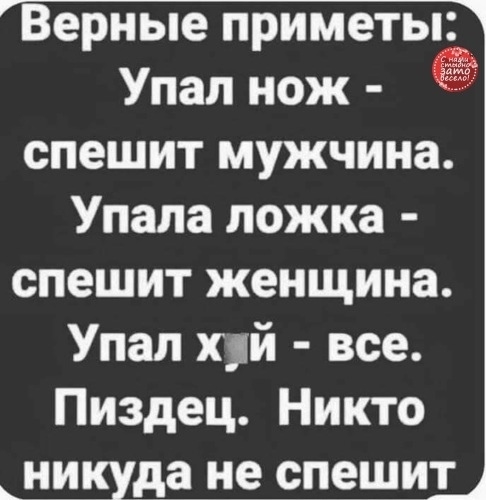 Верные приметы Упал нож спешит мужчина Упала ложка спешит женщина Упал хуй все Пиздец Никто ни да не спешит