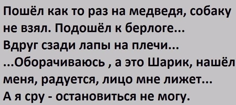 Пошёл как то раз на медведя собаку не взял Подошёл к берлоге Вдруг сзади лапы на плечи Оборачиваюсь а это Шарик нашёл меня радуется лицо мне лижет А я сру остановиться не могу