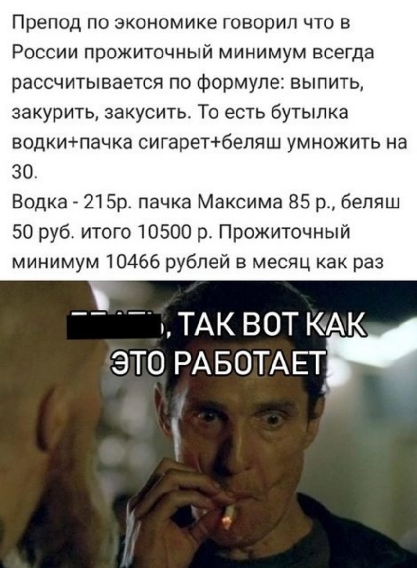 Препод по экономике говорил что в России прожиточный минимум всегда рассчитывается по формуле выпить закурить закусить То есть бутылка водкипачка сигаретбеляш умножить на 30 Водка 215р пачка Максима 85 р беляш 50 руб итого 10500 р Прожиточный минимум 10466 рублей в месяц как раз __ ТАК ВОТ КАК ЭТО РАБОТАЕТ 1