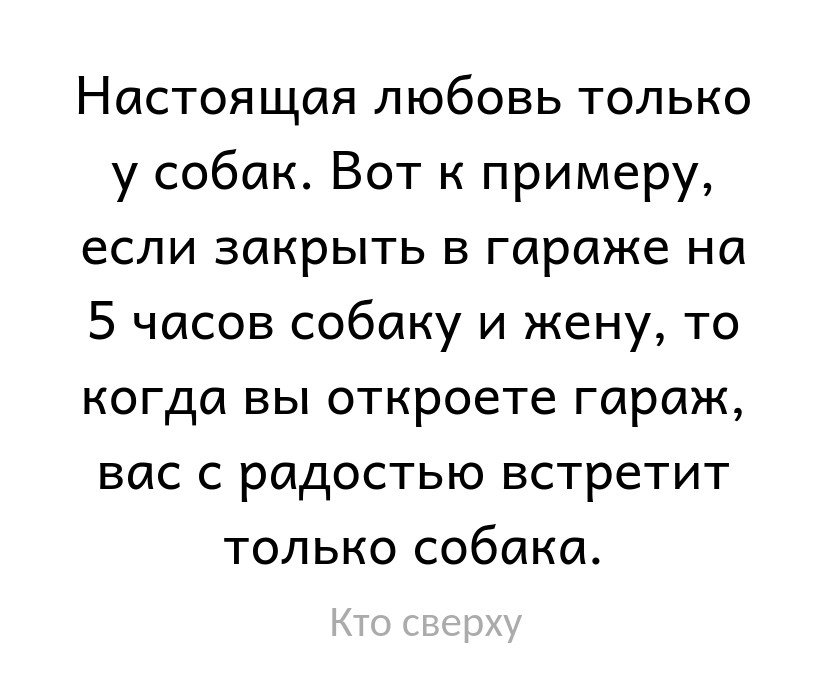 Настоящая любовь только у собак Вот к примеру если закрыть в гараже на 5 часов собаку и жену то когда вы откроете гараж вас с радостью встретит только собака