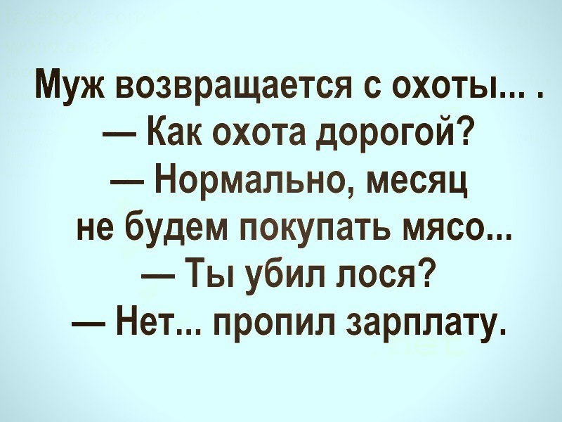 Муж возвращается с охоты Как охота дорогой Нормально месяц не будем покупать мясо Ты убил лося Нет пропил зарплату