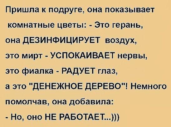 Пришла к подруге она показывает комнатные цветы Это герань она дЕЗИНФИЦИРУЕТ воздух это мирт УСПОКАИВАЕТ нервы это фиалка РАДУЕТ глаз а это ДЕНЕЖНОЕ дЕРЕВО Немного помолчав она добавила Но оно НЕ РАБОТАЕТ