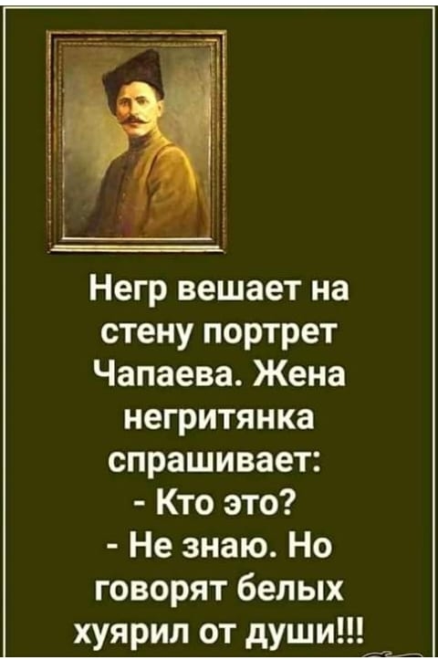 Негр вешает на стену портрет Чапаева Жена негритянка спрашивает Кто это Не знаю Но говорят белых хуярил от душин