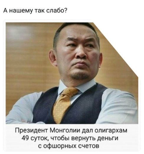 А нашему так слабо Президент Монголии дал олигархам 49 суток чтобы вернуть деньги офшорных счетов