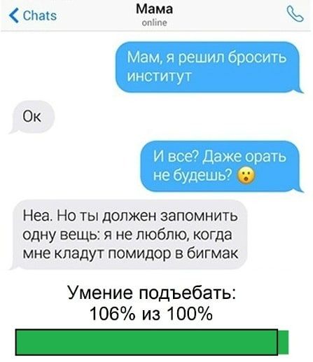 спшэ Мама тише Мам РШИП проги и титу Ок И в Цыжгэ драь не будешь Неа Но ты должен запомнить одну вещь я не люблю когда мне кладут помидор В бигмак Умение подъебать 106 из 100