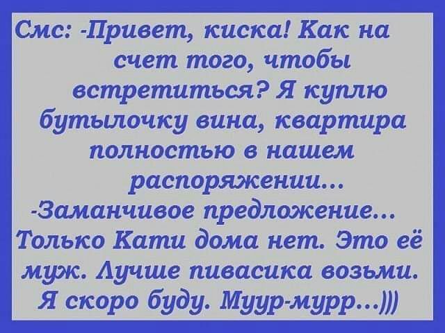 Смс Привет киска Как на счет того чтобы встретитьсяЯ куплю бутьщошсу вина квартира полностьюв нашем распорядкении Заманчивое предложение Только Кати дома нет Это её муж лучше пивасшш возьми Я скоро буду Муур мурр