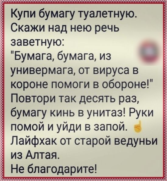 Купи бумагу туалетную Скажи над нею речь заветную Бумага бумага из универмага от вируса в короне помоги в обороне Повтори так десять раз бумагу кинь в унитаз Руки помой и уйди в запой _ Лайфхак от старой ведуньи из Алтая Не бпагодарите