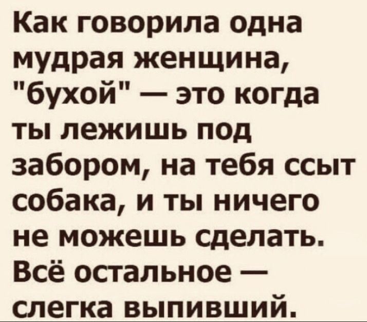 Как говорила одна мудрая женщина бухой это когда ты лежишь под забором на тебя ссыт собака и ты ничего не можешь сделать Всё остальное слегка выпивший