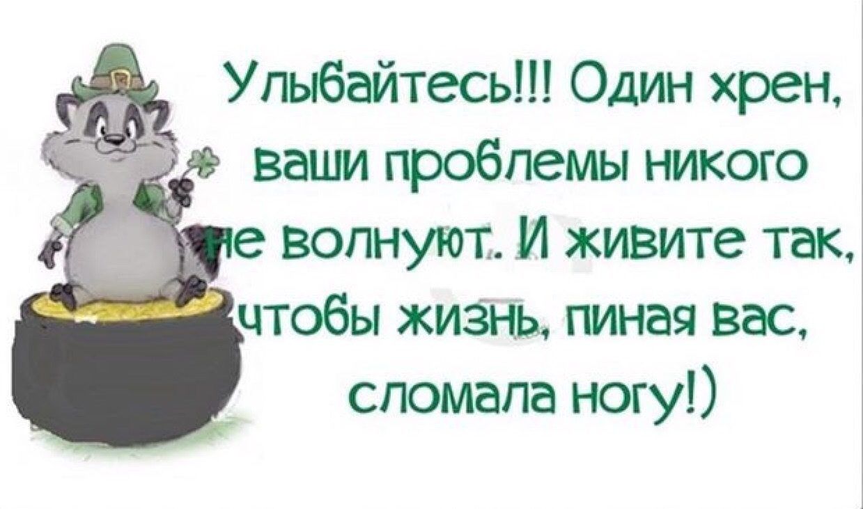 Улыбайтесь Один хрен ваши проблемы никого волнуют И живите так чтобы жизнь пиная вас сломала ногу