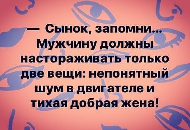 и Сынок запомнит мУжчину должны настораживать Только две вещи непонятный шум в двигателе и тщая добрая жена _