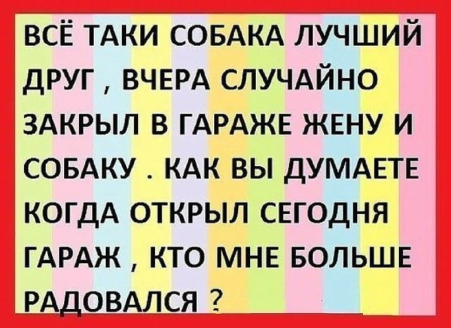 ВСЁ ТАКИ СОБАКА ЛУЧШИЙ ДРУГ ВЧЕРА СЛУЧАЙНО ЗАКРЫЛ В ГАРАЖЕ ЖЕНУ И СОБАКУ КАК ВЫ ДУМАЕТЕ КОГДА ОТКРЫЛ СЕГОДНЯ ГАРАЖ КТО МНЕ БОЛЬШЕ РАДОВАЛСЯ
