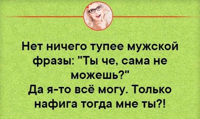 Нет ничего тупее мужской фразы Ты че сама не можешь Да я то всё могу Только нафига тогда мне ты