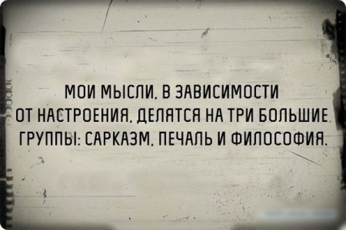 МОИ МЫСЛИ В ЗАВИСИМОСТИ ОТ НАСТРОЕНИЯ дЕПНТЕН НА ТРИ БОЛЬШИЕ ГРУППЫ САРКАЗМ ПЕЧАЛЬ И ФИЛОСОФИЯ