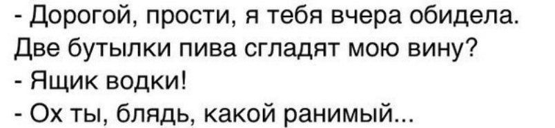 Дорогой прости я тебя вчера обидела Две бутылки пива сгладят мою вину Ящик водки Ох ты блядь какой ранимый