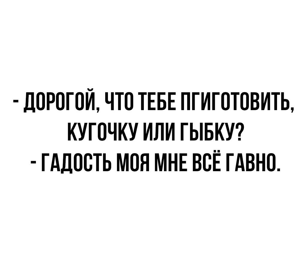 ДОРОГОЙ ЧТО ТЕБЕ ПГИГОТОВИТЬ КУГОЧКУ ИЛИ ГЫБКУ ГАДООТЬ МОЯ МНЕ ВОЁ ГАВНО