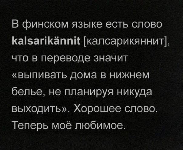 В финском языке есть слово КазагіКёппіт калсарикяннит что в переводе значит выпивать дома в нижнем белье не планируя никуда выходить Хорошее слово Теперь моё любимое
