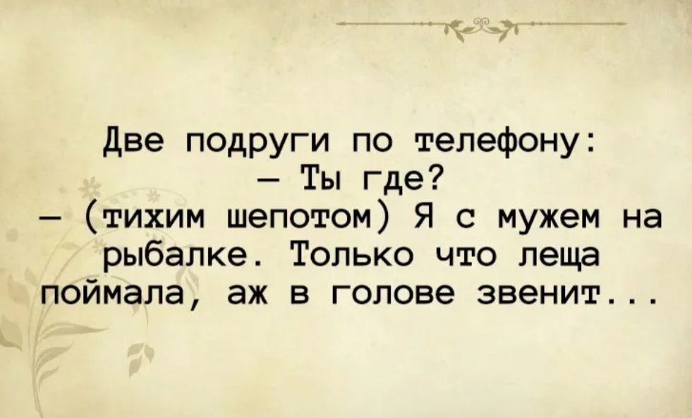 1 7 Две подруги по телефону Ты где тихим шепотом Я с мужем на рыбалке Только что леща поймала аж в голове звенит