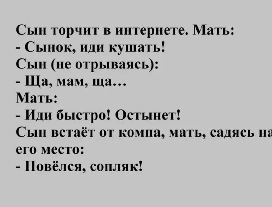 Сын торчит в интернете Мать Сынок иди кушать Сын не отрываясь Ща мам ща Мать Иди быстро Остынет Сын встаёт от компа мать садясь на его место Повёлся сопляк